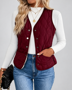 Women's Fleece Lined Gilet with Quilting and Button Front - Burgundy
