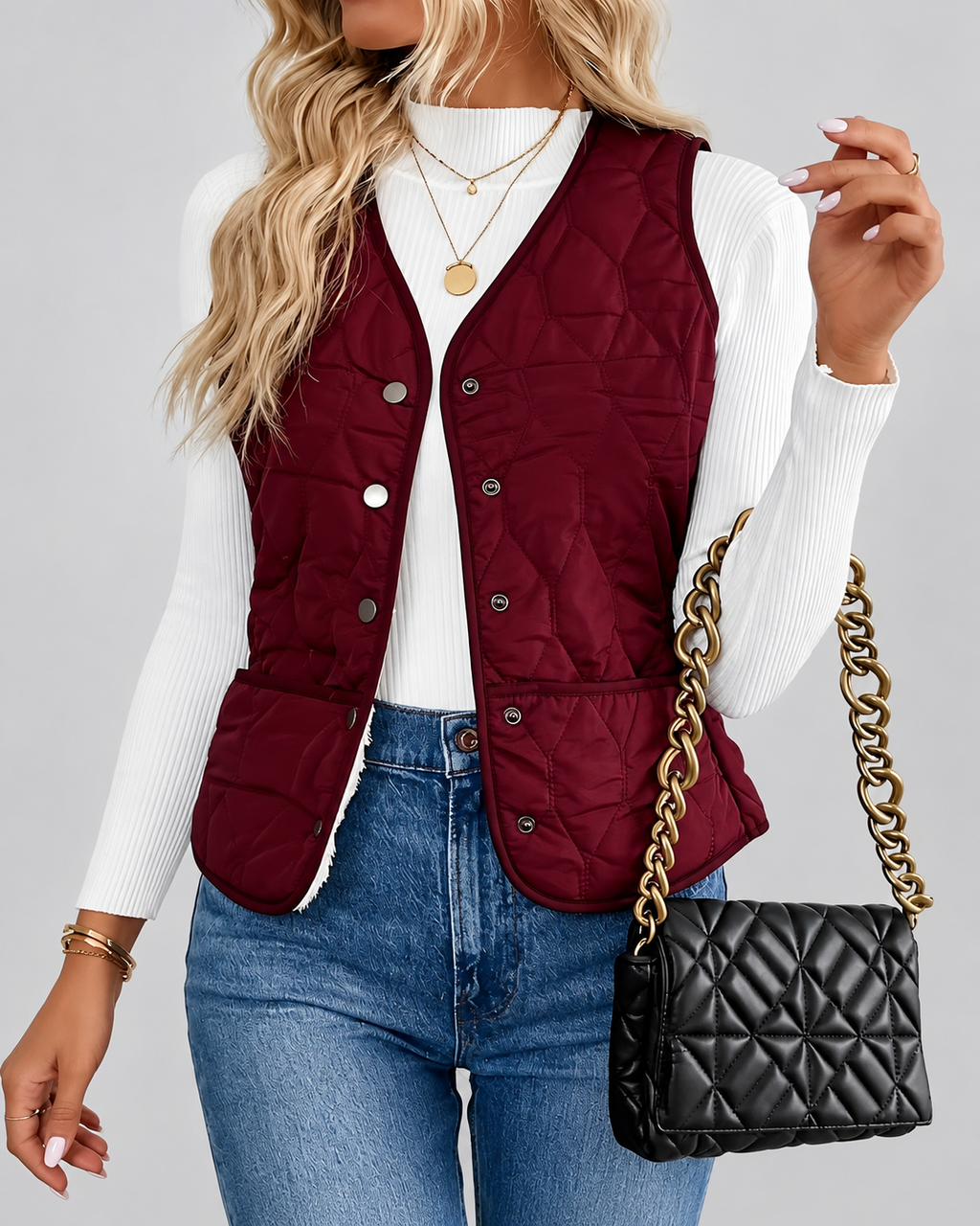 Women's Fleece Lined Gilet with Quilting and Button Front - Burgundy