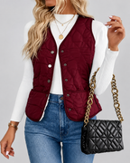 Women's Fleece Lined Gilet with Quilting and Button Front - Burgundy