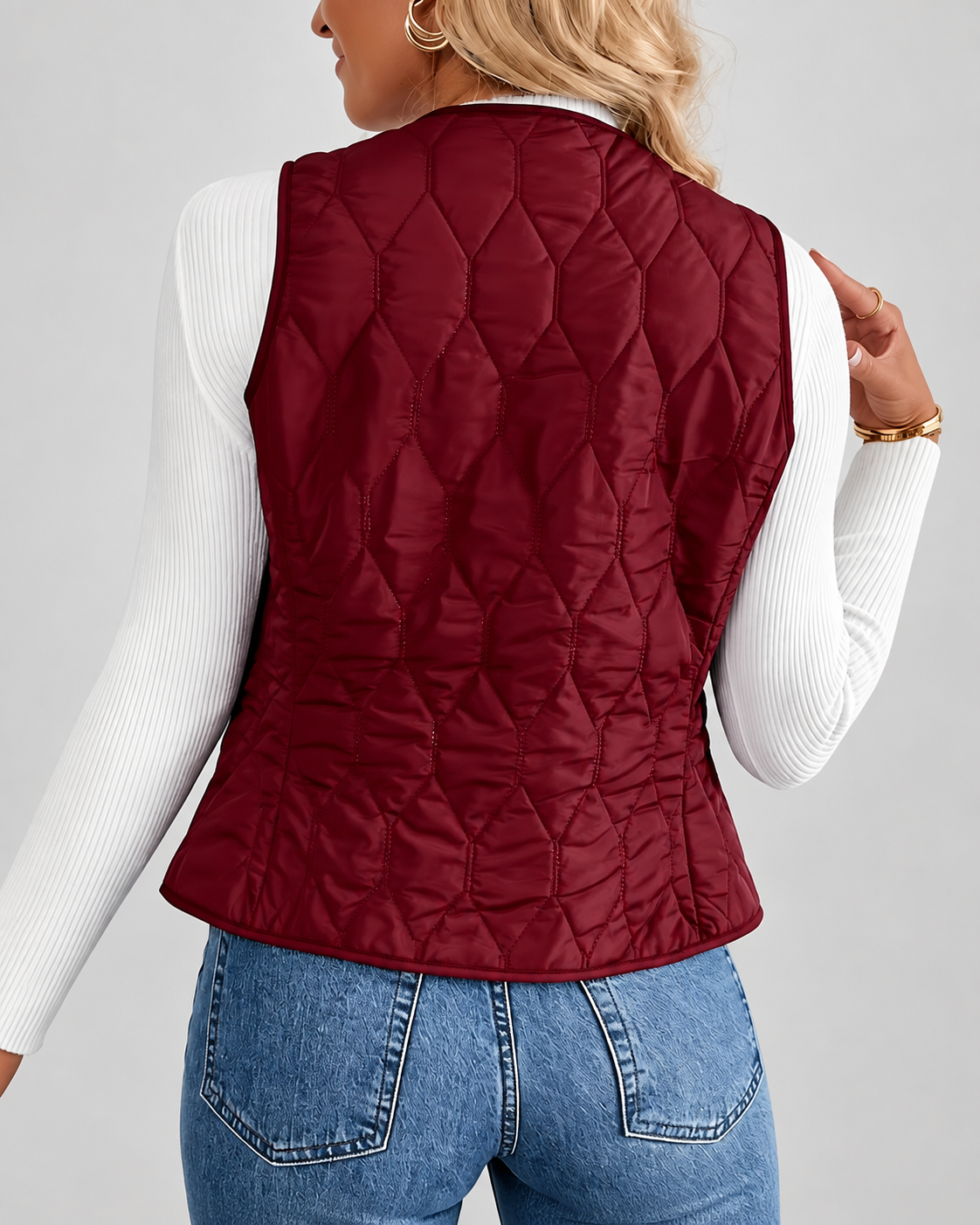 Women's Fleece Lined Gilet with Quilting and Button Front - Burgundy