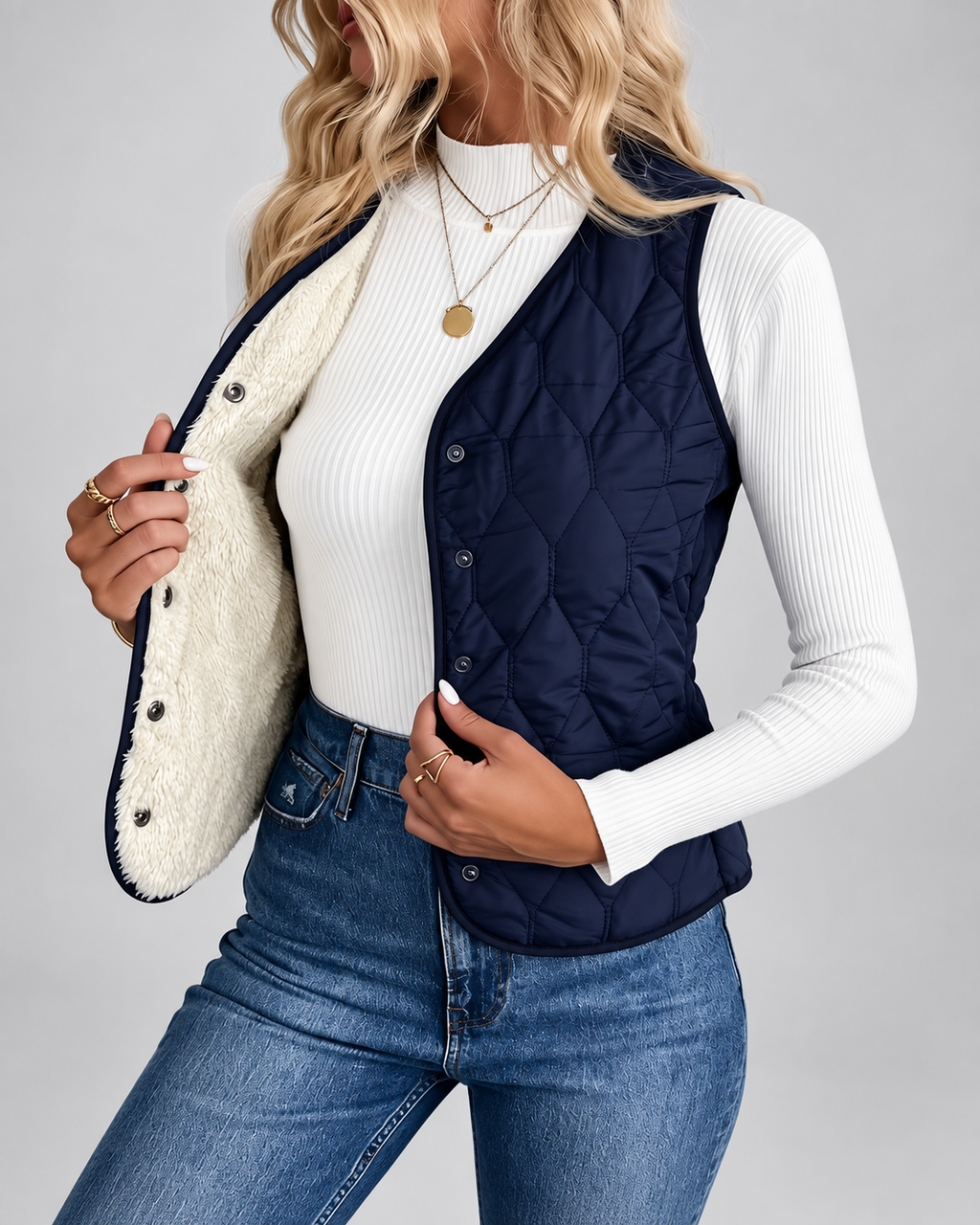 Women's Fleece Lined Gilet with Quilting and Button Front - Navy