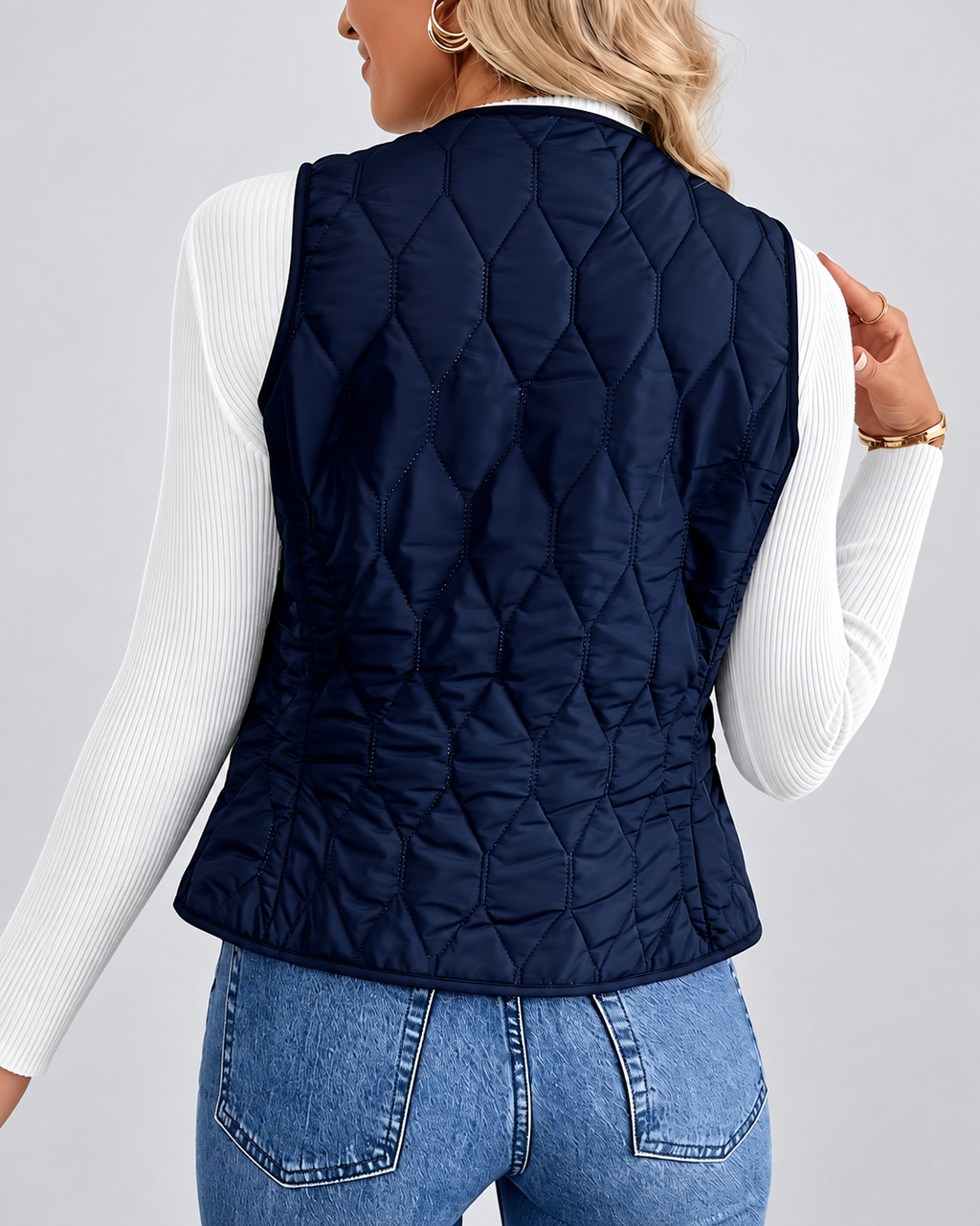 Women's Fleece Lined Gilet with Quilting and Button Front - Navy