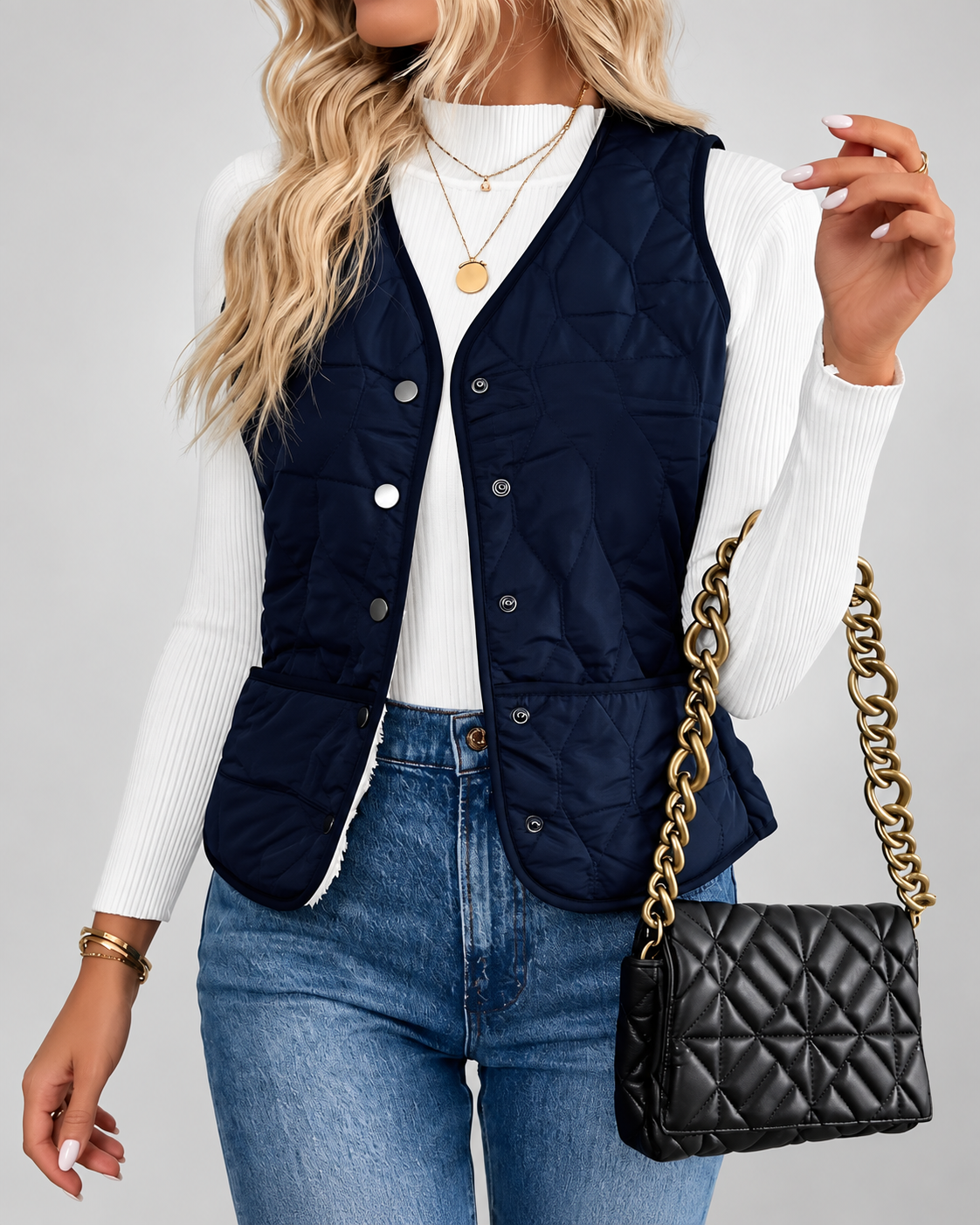 Women's Fleece Lined Gilet with Quilting and Button Front - Navy