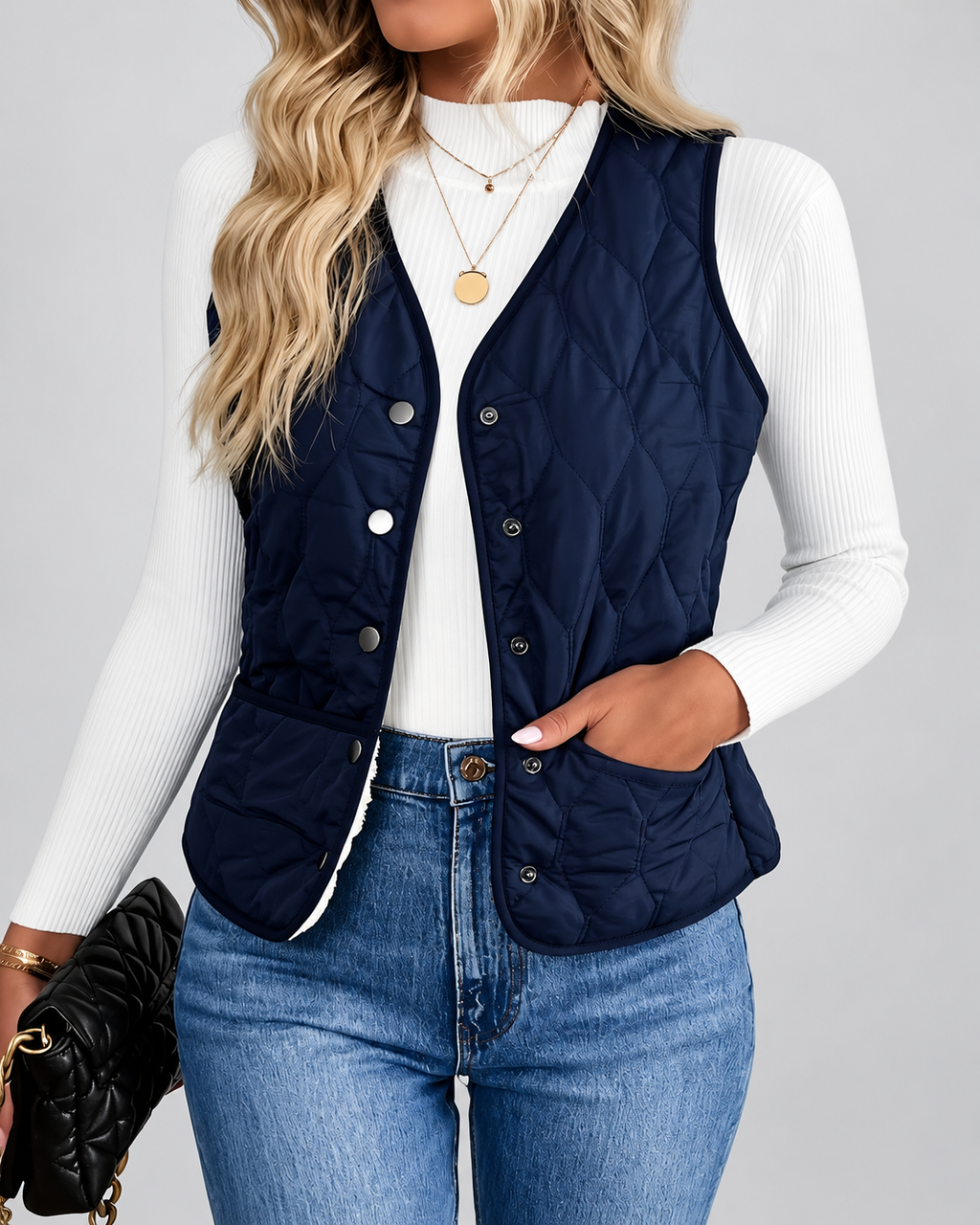 Women's Fleece Lined Gilet with Quilting and Button Front - Navy