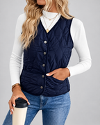 Women's Fleece Lined Gilet with Quilting and Button Front - Navy