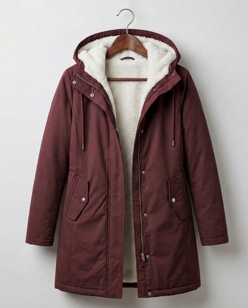 Women's Fleece Lined Long Parka with Hood and Drawstring Waist — Burgundy — image 11