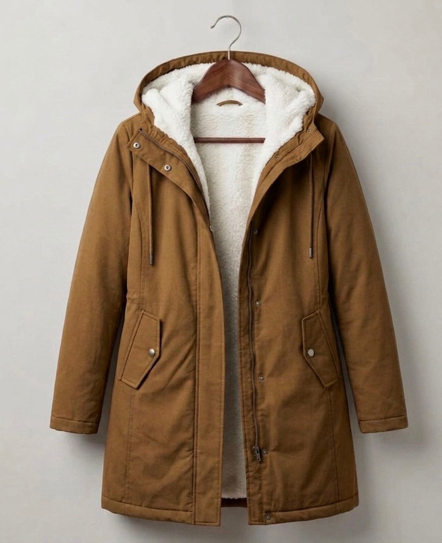 Women's Fleece Lined Long Parka with Hood and Drawstring Waist — Camel Brown — image 17