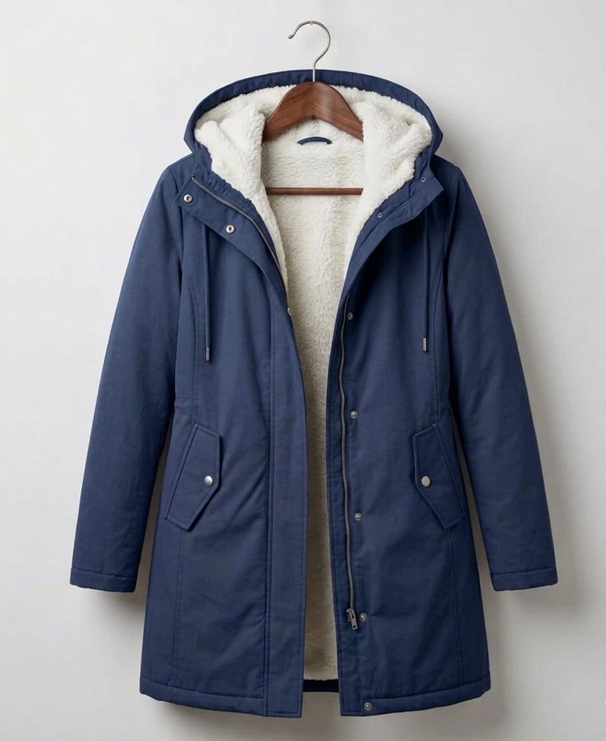 Women's Fleece Lined Long Parka with Hood and Drawstring Waist — Navy Blue — image 1