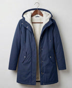 Women's Fleece Lined Long Parka with Hood and Drawstring Waist — Navy Blue — image 1