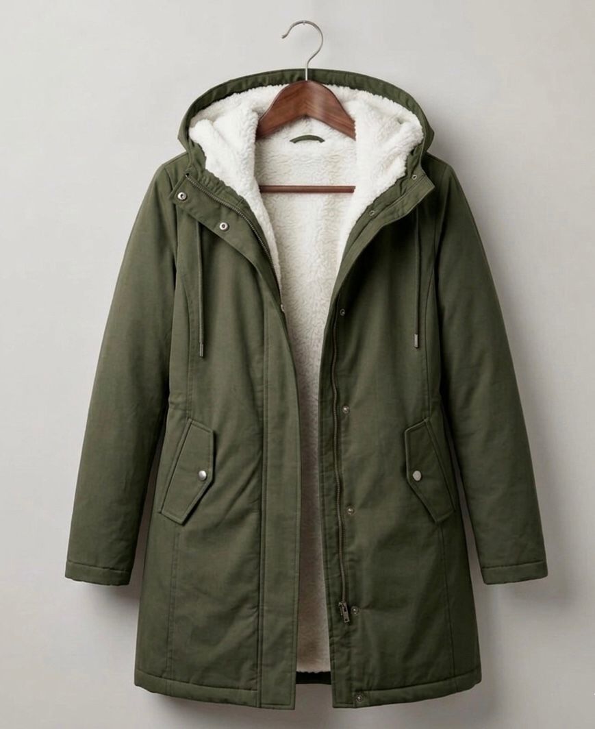 Women's Fleece Lined Long Parka with Hood and Drawstring Waist — Olive Green — image 8