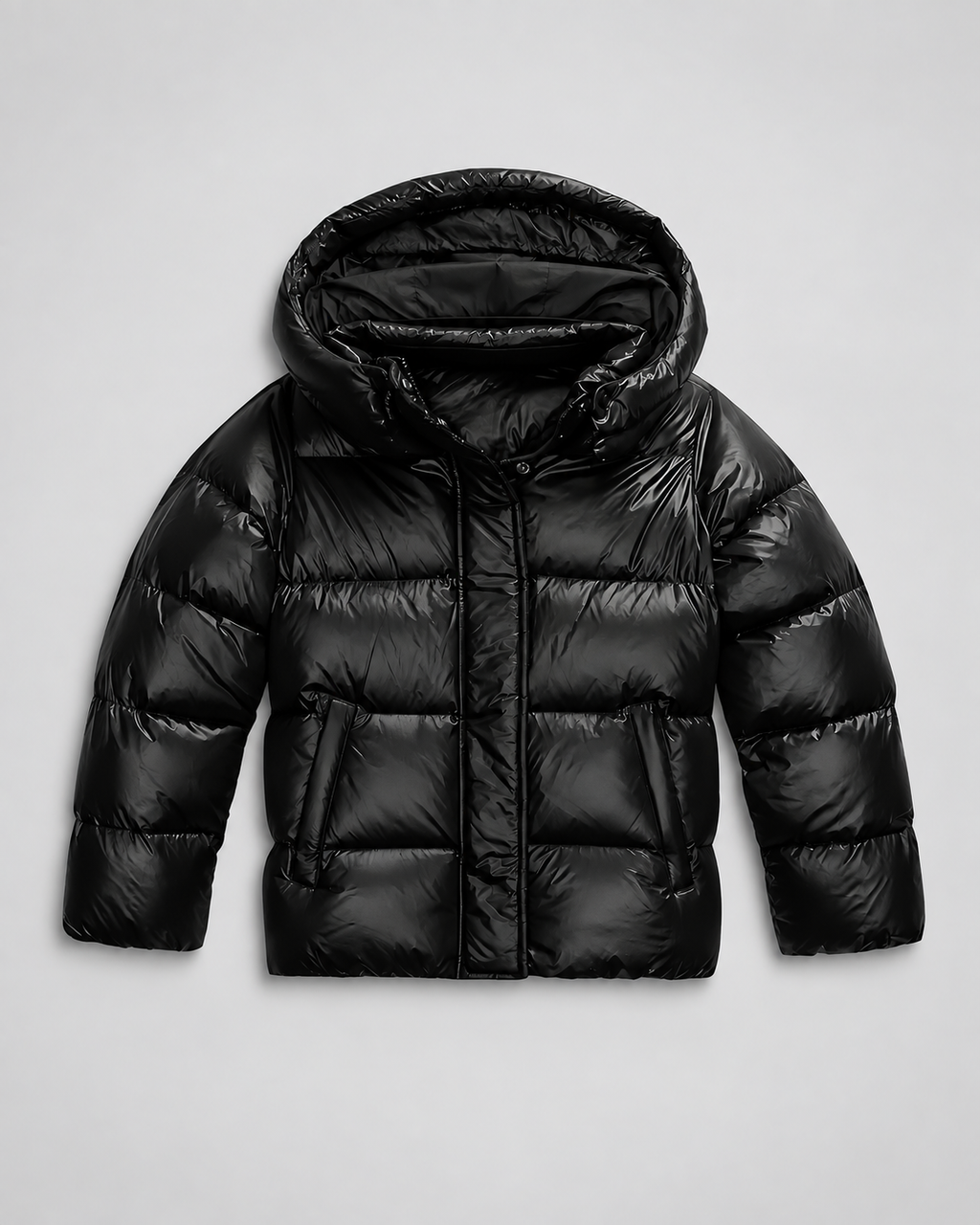 Women's Glossy Puffer Jacket with Removable Hood and Zip Front