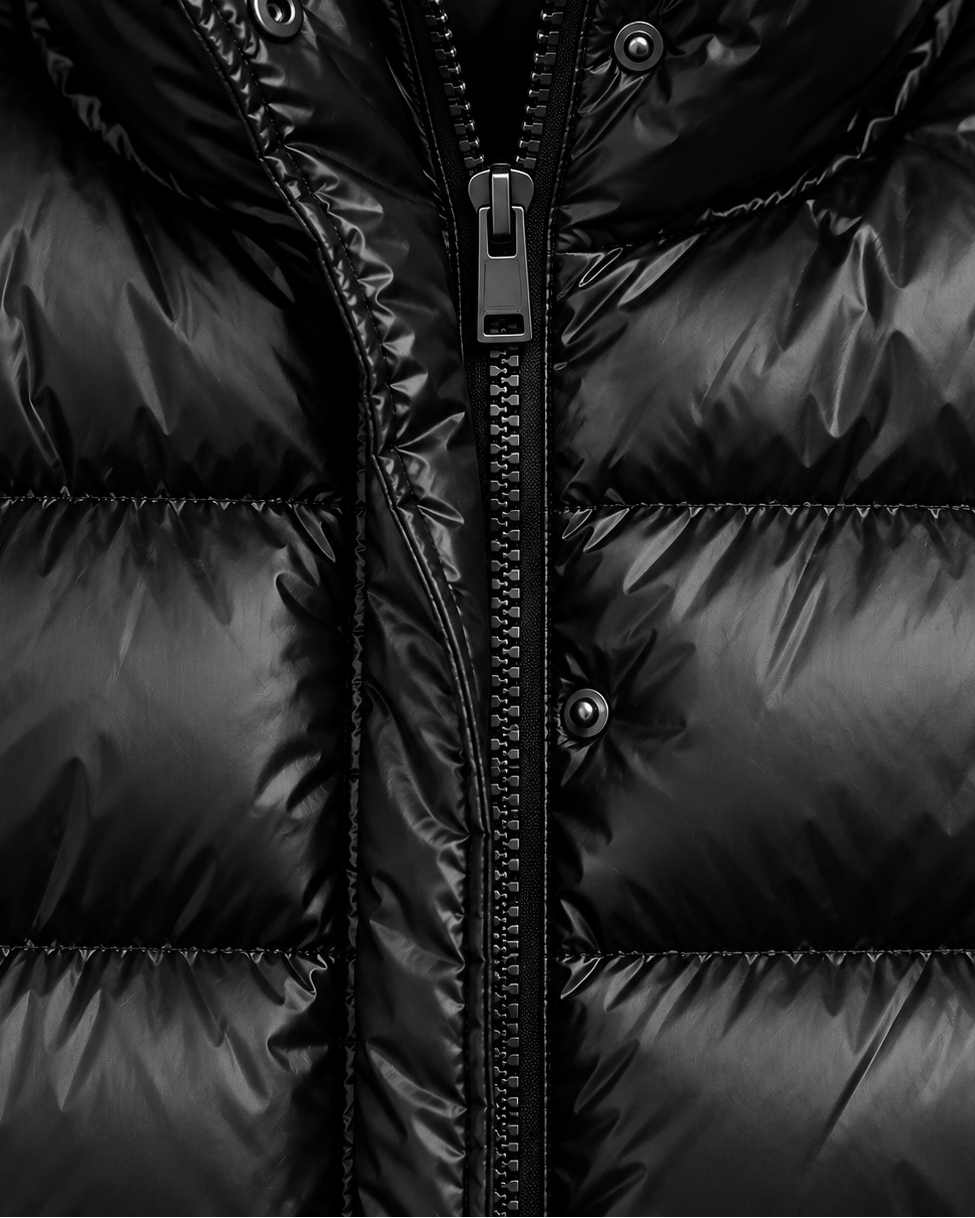 Women's Glossy Puffer Jacket with Removable Hood and Zip Front