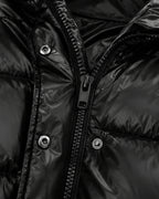 Women's Glossy Puffer Jacket with Removable Hood and Zip Front