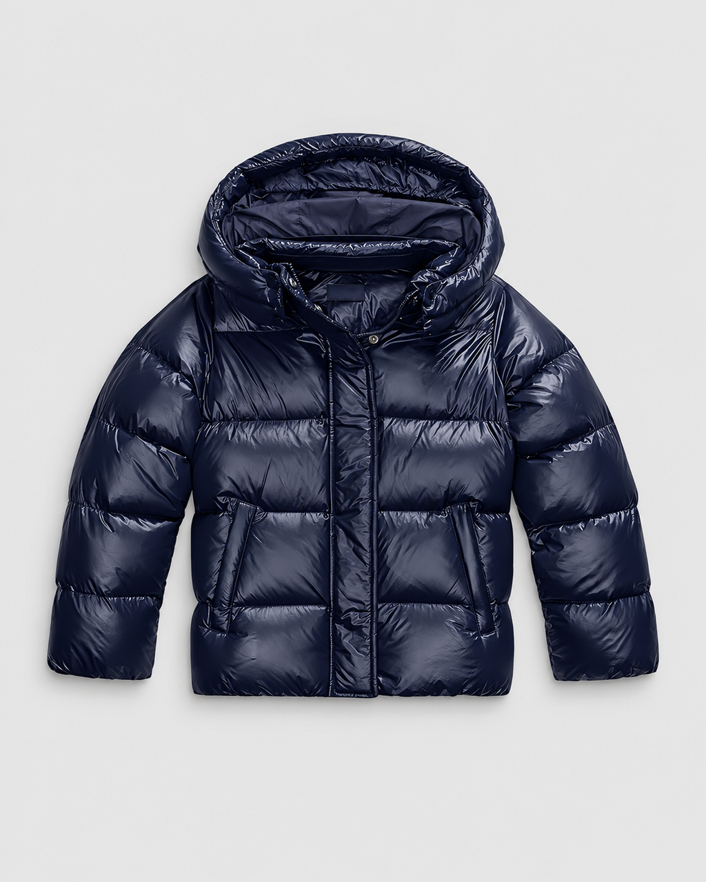 Women's Glossy Puffer Jacket with Removable Hood and Zip Front