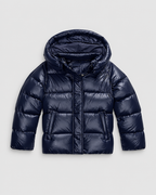 Women's Glossy Puffer Jacket with Removable Hood and Zip Front