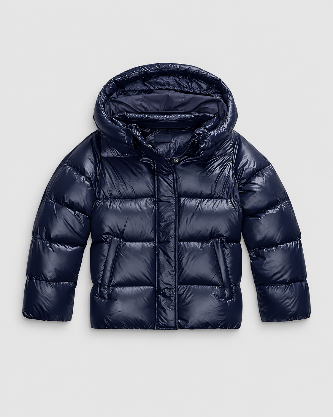 Women's Glossy Puffer Jacket with Removable Hood and Zip Front
