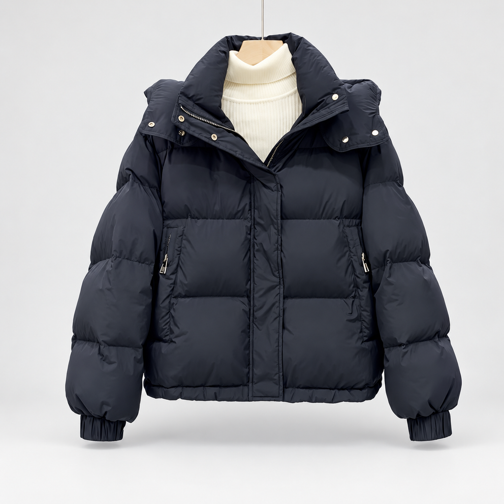 Women's High Neck Puffer Jacket with Hood and Zip Pockets in Black – Flat Front View