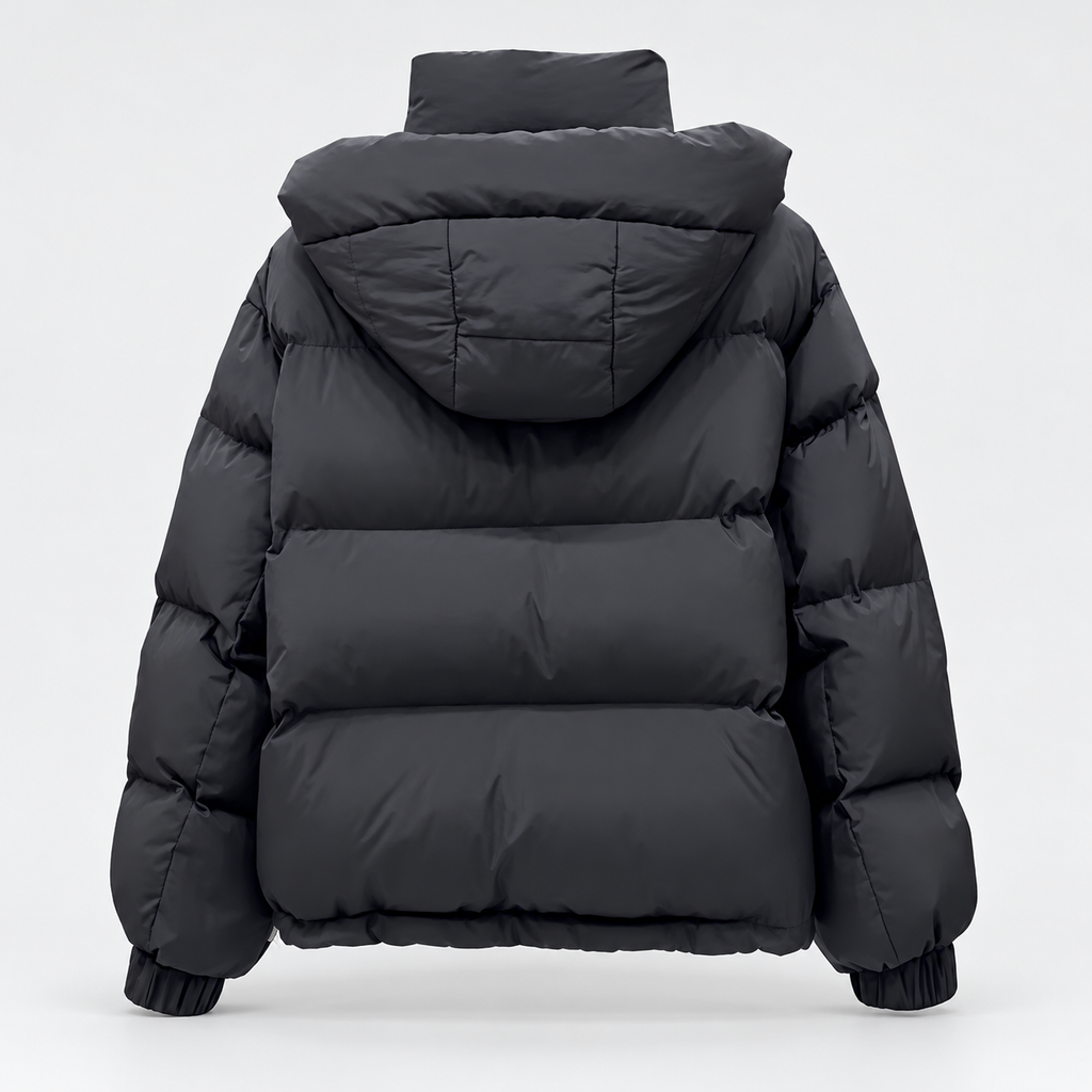 Women's High Neck Puffer Jacket with Hood and Zip Pockets in Black – Back View