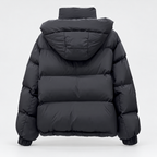 Women's High Neck Puffer Jacket with Hood and Zip Pockets in Black – Back View