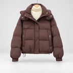 Women's High Neck Puffer Jacket with Hood and Zip Pockets in Dark Brown – Flat Front View