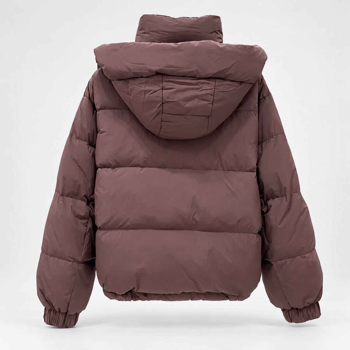 Women's High Neck Puffer Jacket with Hood and Zip Pockets in Dark Brown – Back View