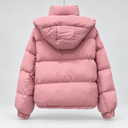 Women's High Neck Puffer Jacket with Hood and Zip Pockets in Pink – Back View