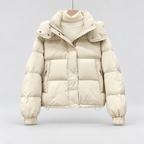 Women's High Neck Puffer Jacket with Hood and Zip Pockets in White – Flat Front View