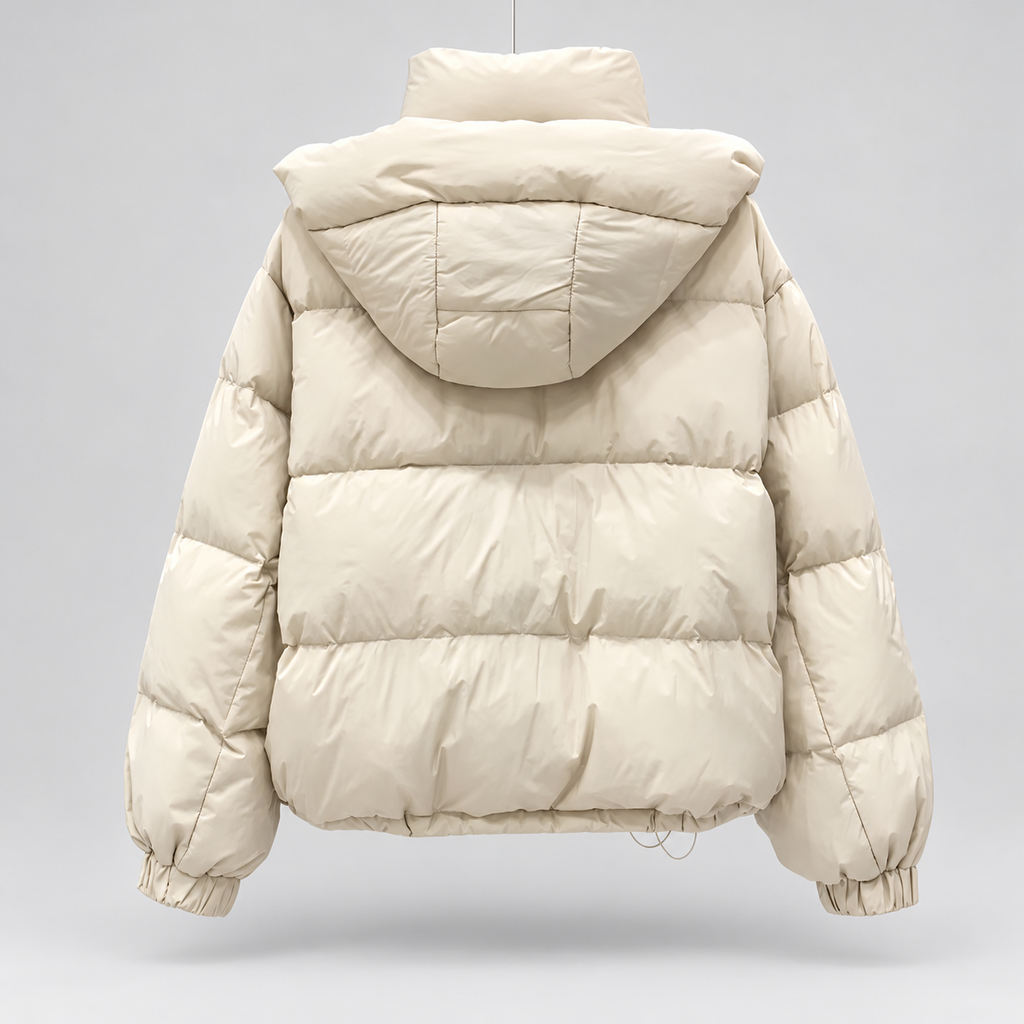 Women's High Neck Puffer Jacket with Hood and Zip Pockets in White – Back View