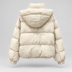 Women's High Neck Puffer Jacket with Hood and Zip Pockets in White – Back View