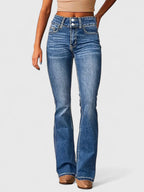 Women's High Waisted Flared Denim Jeans with Double Button Waist
