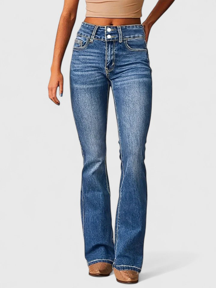 Women's High Waisted Flared Denim Jeans with Double Button Waist