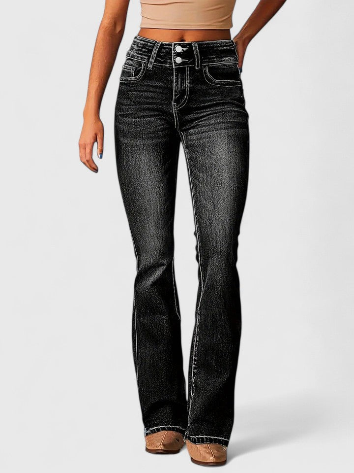 Women's High Waisted Flared Denim Jeans with Double Button Waist