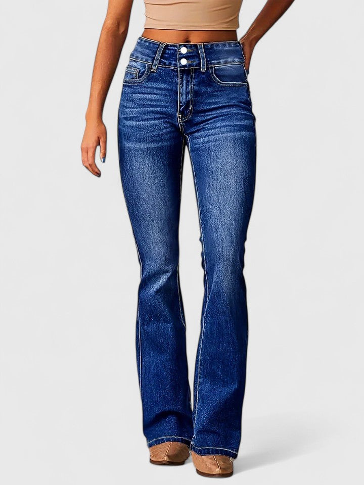 Women's High Waisted Flared Denim Jeans with Double Button Waist