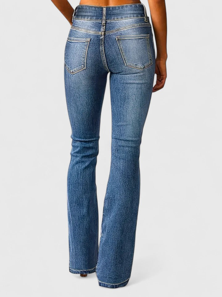 Women's High Waisted Flared Denim Jeans with Double Button Waist