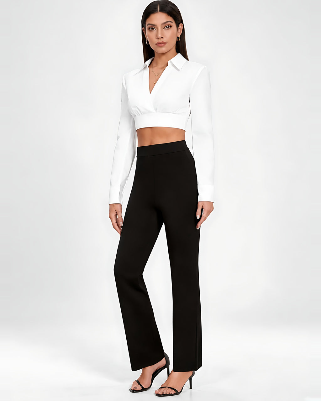 Women's High Waisted Flared Trousers in Black – full length front view
