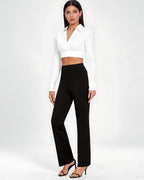 Women's High Waisted Flared Trousers in Black – full length front view
