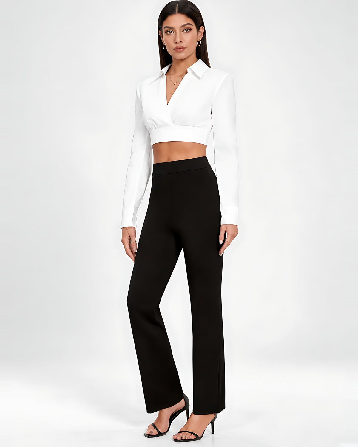 Women's High Waisted Flared Trousers in Black – full length front view