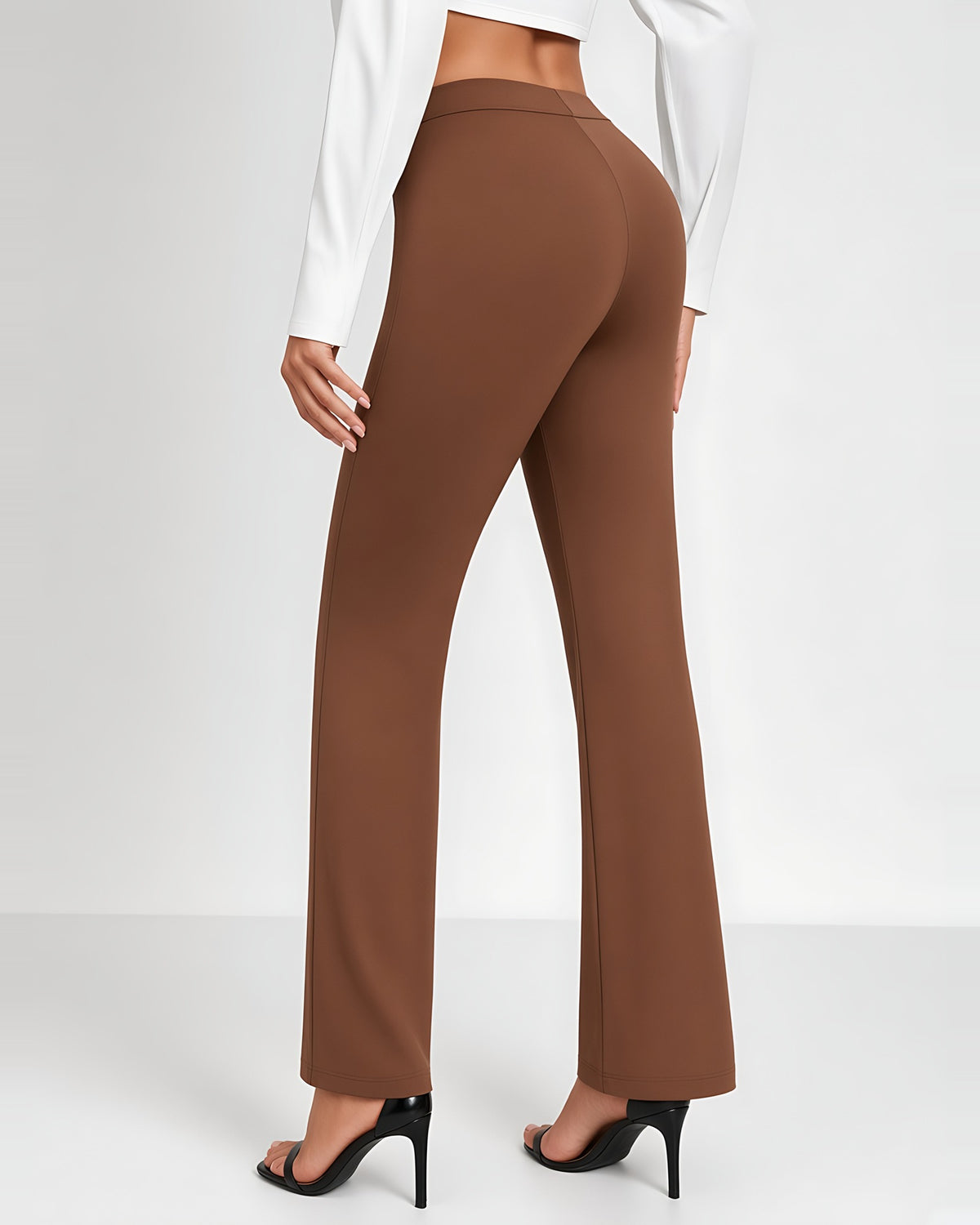 Women's High Waisted Flared Trousers in Brown – back view