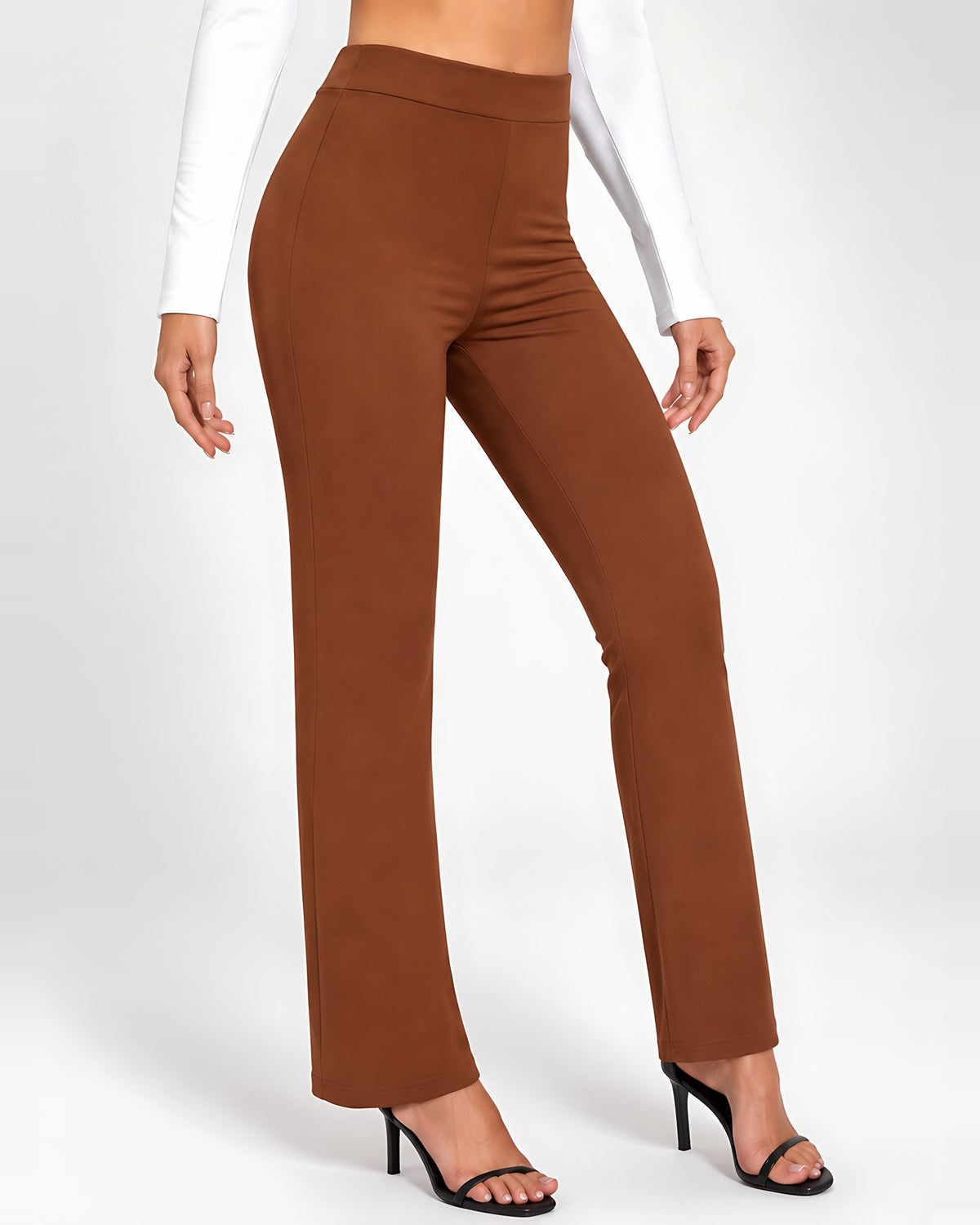 Women's High Waisted Flared Trousers in Brown – front view