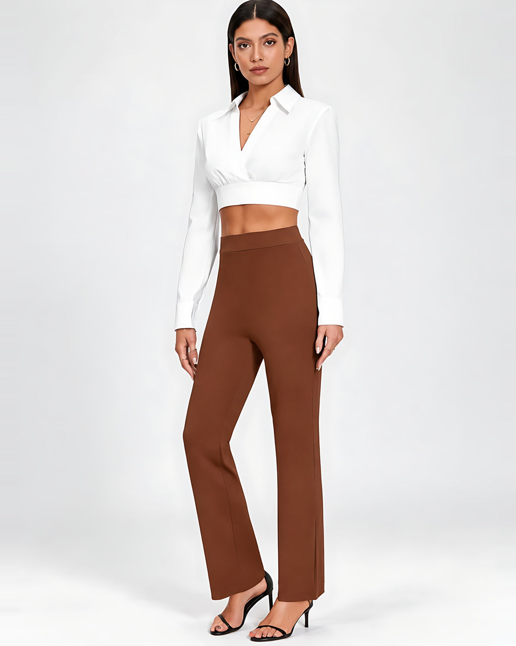 Women's High Waisted Flared Trousers in Brown – full length front view