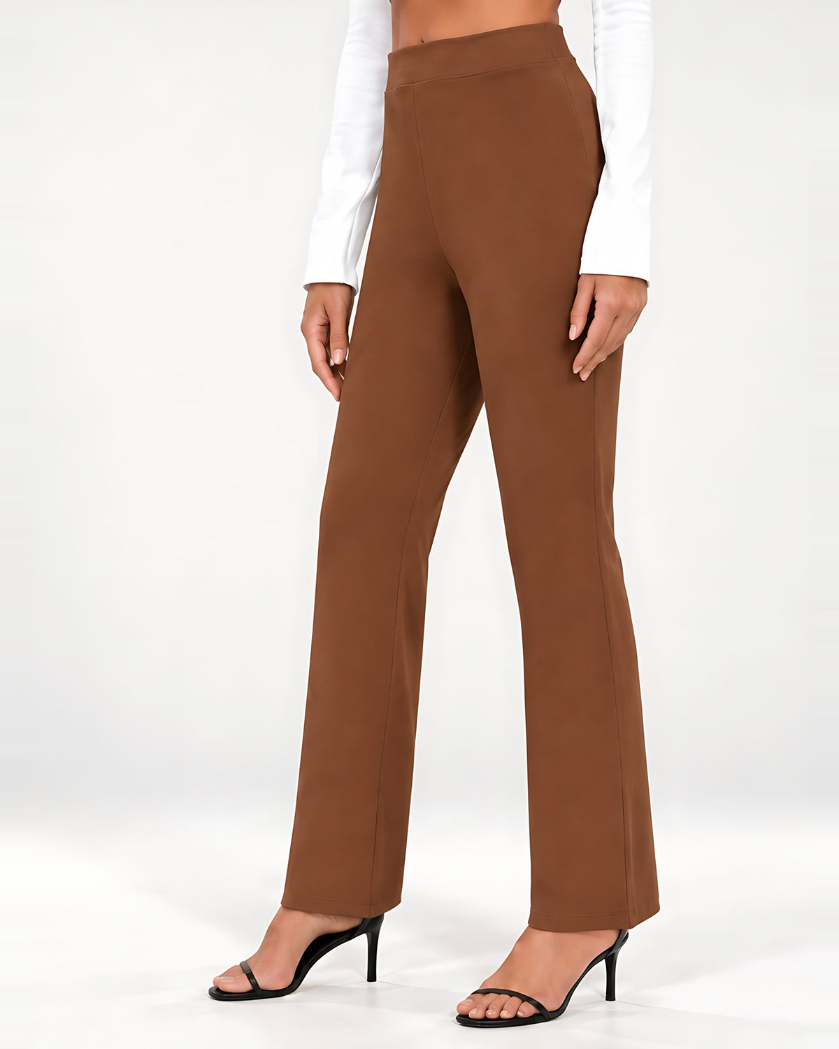 Women's High Waisted Flared Trousers in Brown – side view