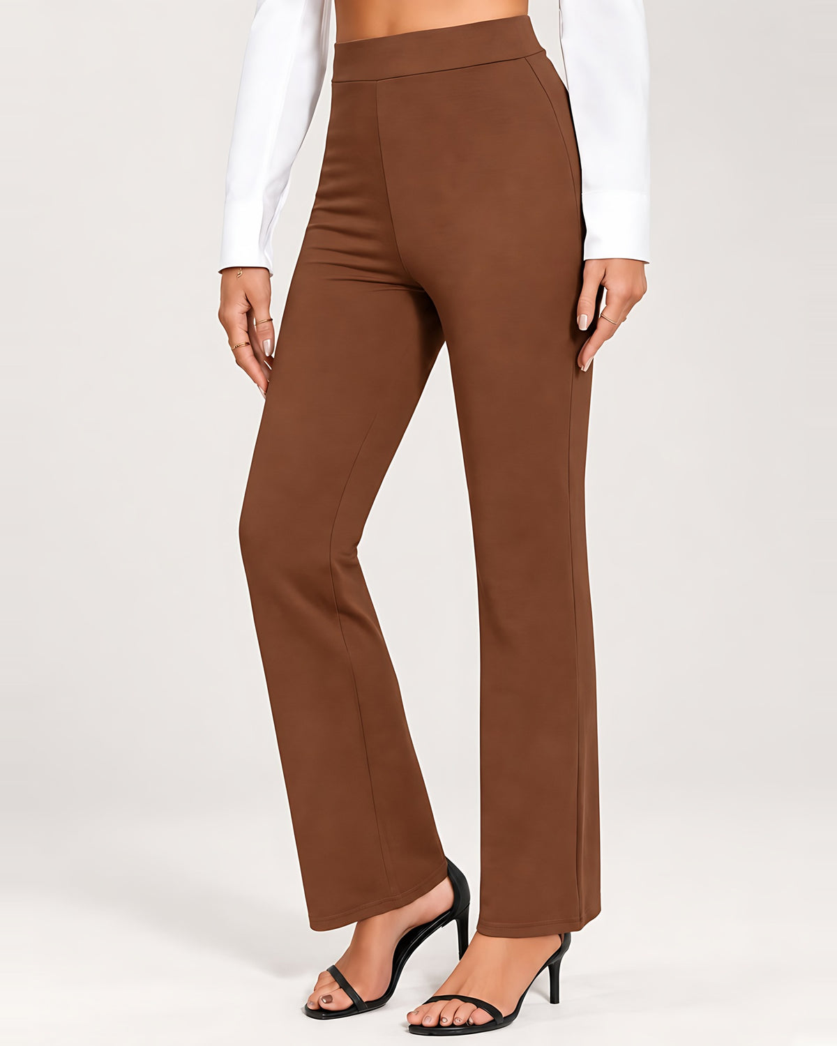 Women's High Waisted Flared Trousers in Brown – three-quarter view