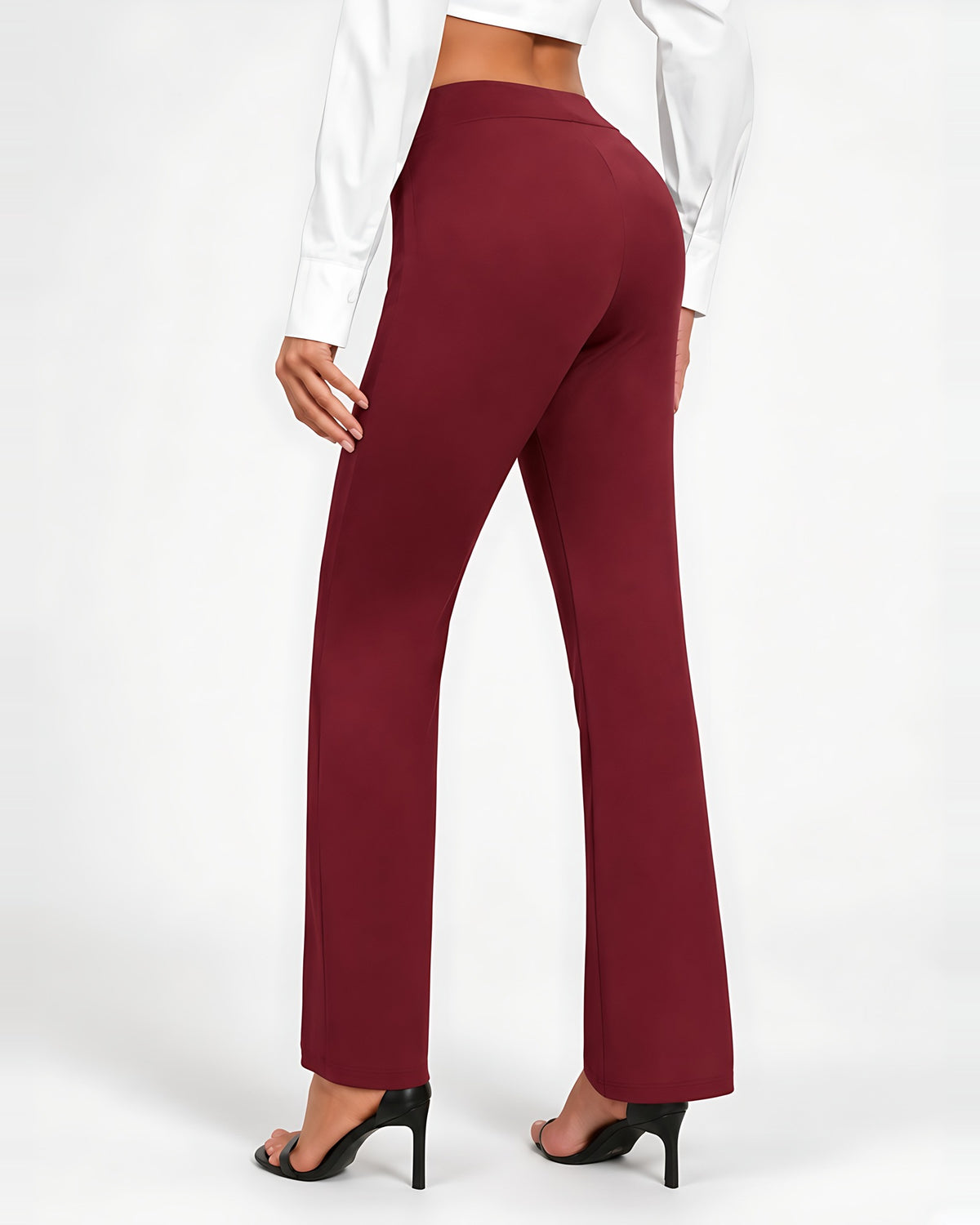 Women's High Waisted Flared Trousers in Burgundy – back view
