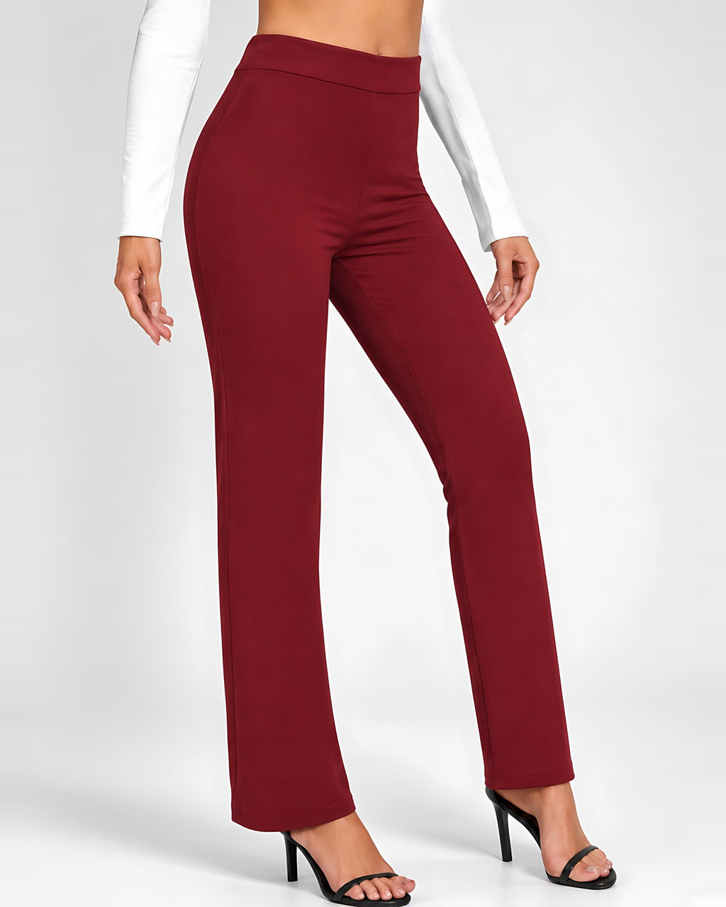 Women's High Waisted Flared Trousers in Burgundy – front view