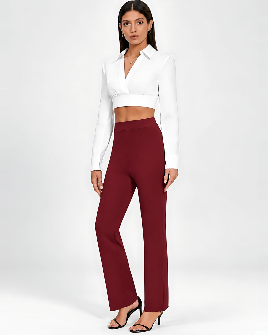 Women's High Waisted Flared Trousers in Burgundy – full length front view