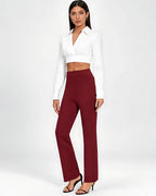 Women's High Waisted Flared Trousers in Burgundy – full length front view