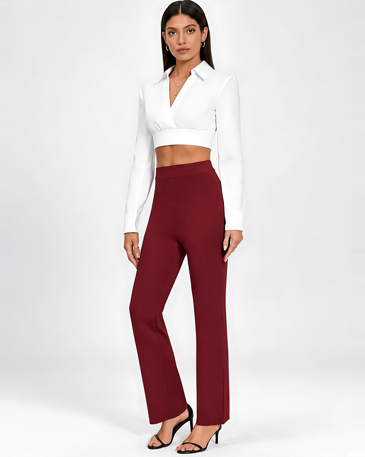 Women's High Waisted Flared Trousers in Burgundy – full length front view