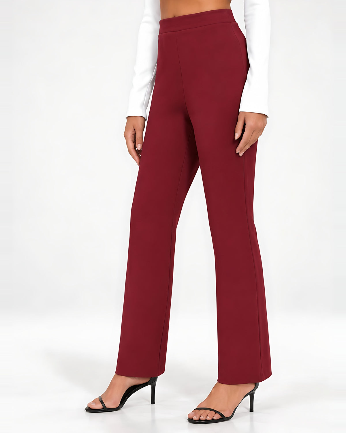 Women's High Waisted Flared Trousers in Burgundy – side view