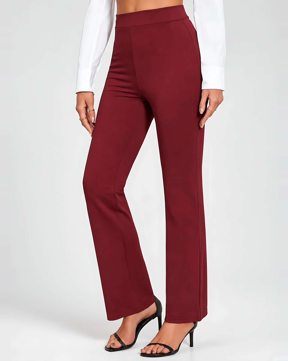 Women's High Waisted Flared Trousers in Burgundy – three-quarter view