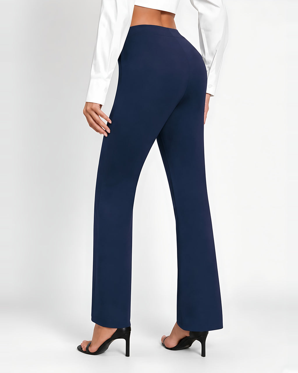 Women's High Waisted Flared Trousers in Navy – back view